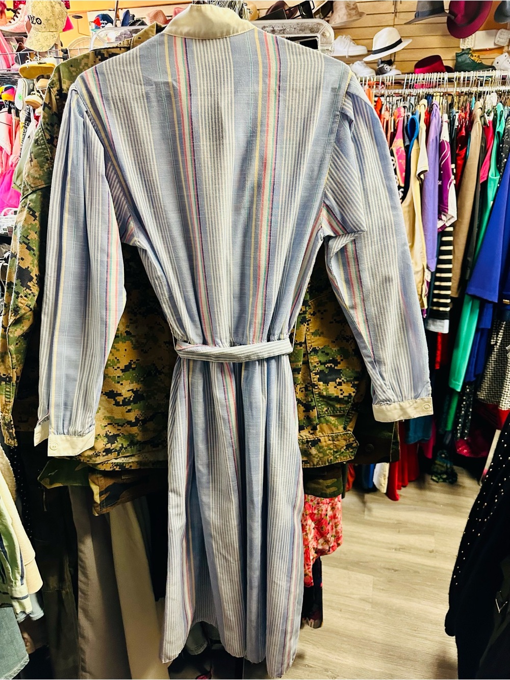 Vintage Light Blue Striped Long Sleeve Shirt Dress with Belt